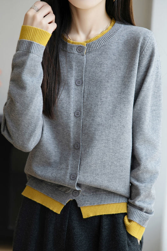 Lässiger Rundhals-Fake-Zweiteiler mit Paneelen Cardigan