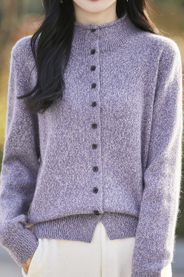 Halb hoher Kragen einfarbiger floral gestrickter Cardigan