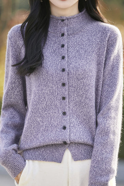 Halb hoher Kragen einfarbiger floral gestrickter Cardigan