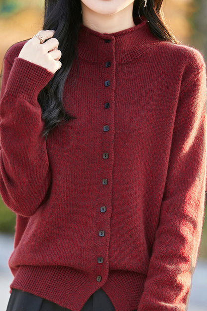 Halb hoher Kragen einfarbiger floral gestrickter Cardigan