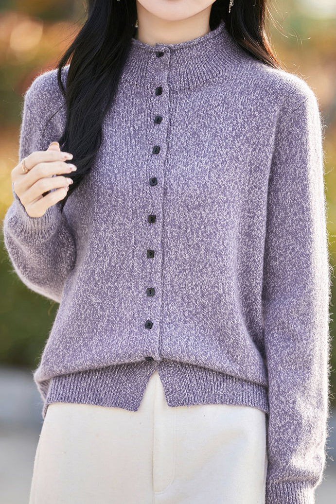 Halb hoher Kragen einfarbiger floral gestrickter Cardigan