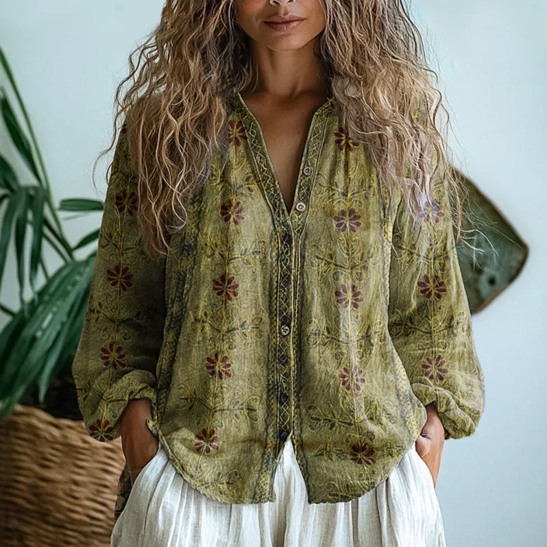 Valeria | Vintage-Bluse mit Blattdruck