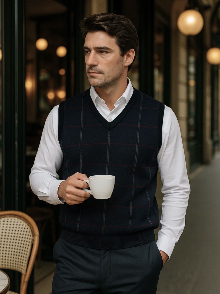 Akademische karierte Strickweste – Cross & Crown
