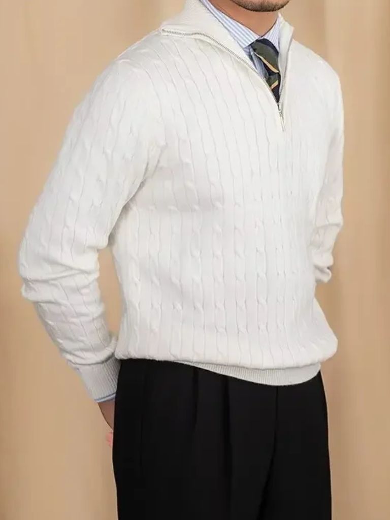 Zopfmuster-Zip-Neck-Pullover – Cross & Crown