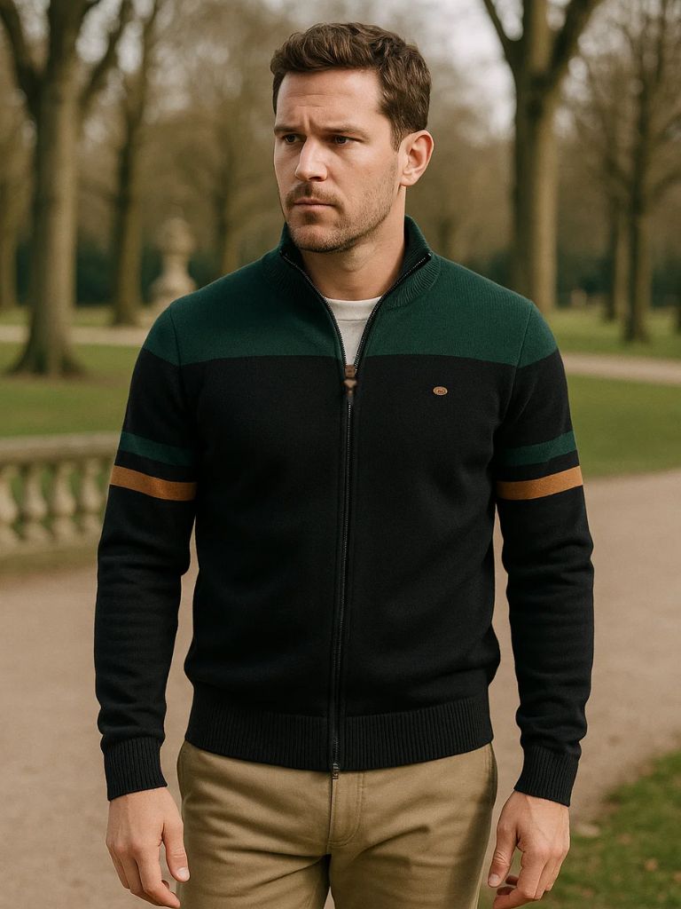 Cardigan-Strickjacke mit Reißverschluss und Stehkragen – Cross & Crown