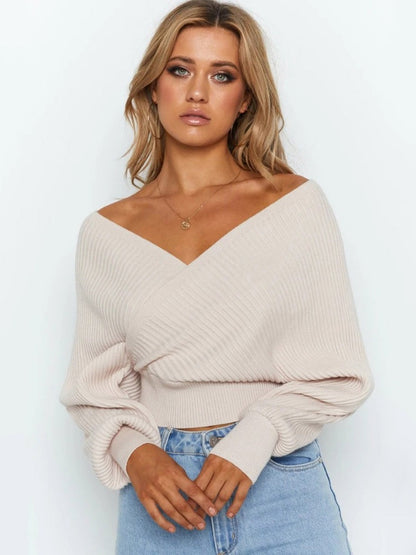 Liber Autumn Damenbekleidung Kreuzdesign Einfache Stickerei V-Ausschnitt einfarbiger Pullover langärmeliger Pullover