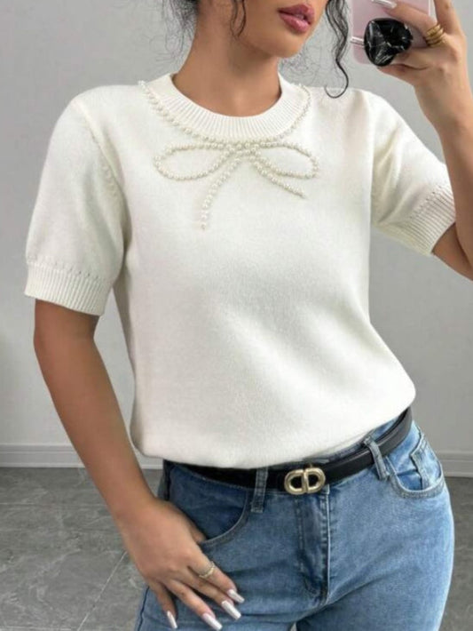 Liber Sommer Damen Pullover mit einfarbigem Perlen-Schleifen-Muster