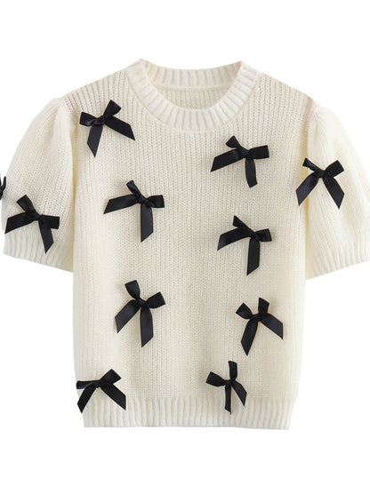 Schnürung 3D Schleife Kurzarm Strickpullover