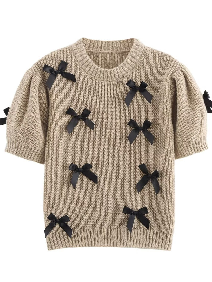 Schnürung 3D Schleife Kurzarm Strickpullover