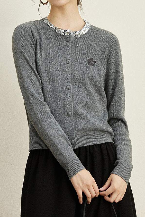 Rundhals-Pailletten-Strickcardigan