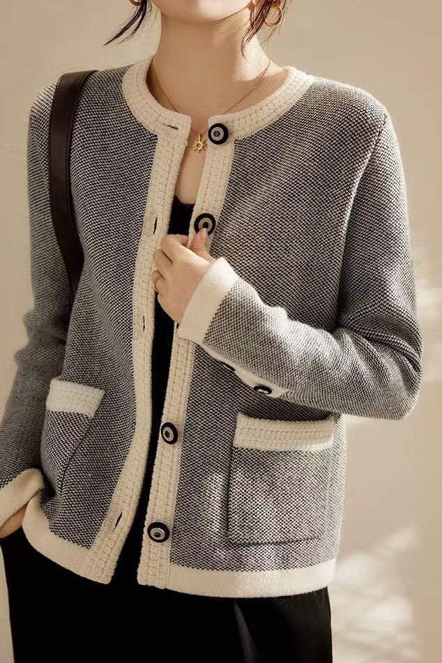 Rundhals-Bi-Color Strickcardigan - 2 Farben verfügbar