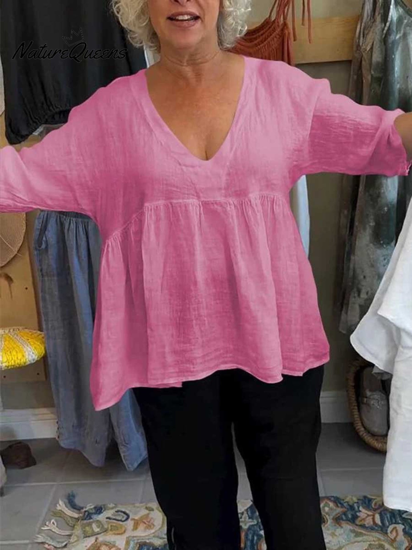 Nadia™ V-Ausschnitt Baumwoll-Leinen-Hemd