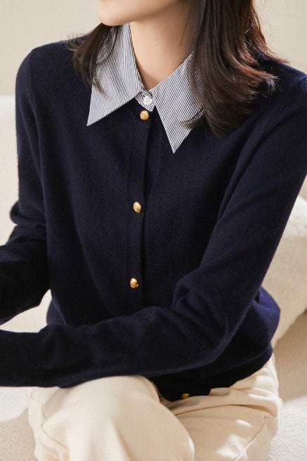 Schicht-Look Hemdkragen Gestreifter Kontrast Strick Cardigan - 3 Farben verfügbar