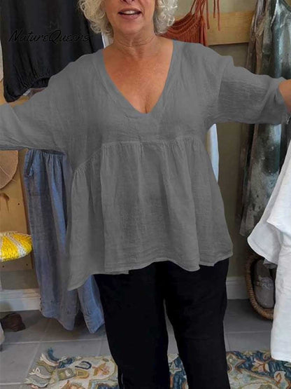 Nadia™ V-Ausschnitt Baumwoll-Leinen-Hemd