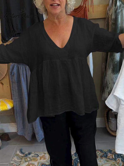 Nadia™ V-Ausschnitt Baumwoll-Leinen-Hemd