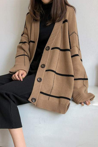 Vintage Plaid Übergroßer Strickcardigan