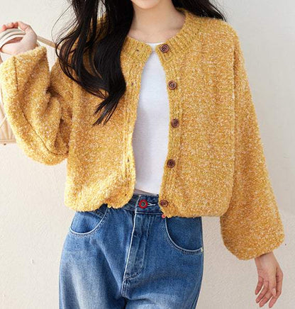 Gelber Oversized Rundhals-Kardigan mit einem Knopf