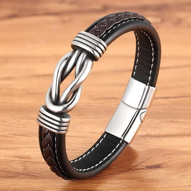 Deluxe Herren Lederarmband mit unregelmäßiger Grafik - Edelstahlakzent