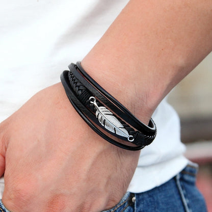Elfih Feder Lederarmband - Mehrschichtiges Edelstahlaccessoire für Männer