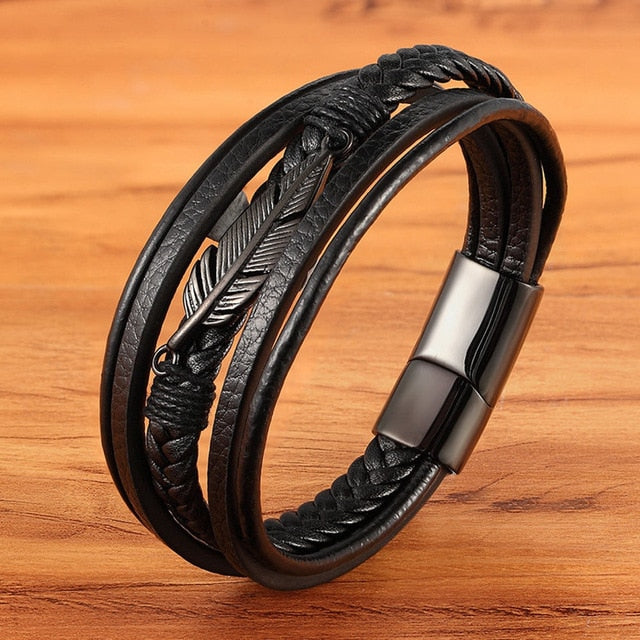 Elfih Feder Lederarmband - Mehrschichtiges Edelstahlaccessoire für Männer