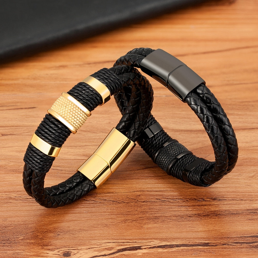 Omni Leder Seilarmband - Klassisches Edelstahl Doppelschicht Herrenarmband mit besonderem Design