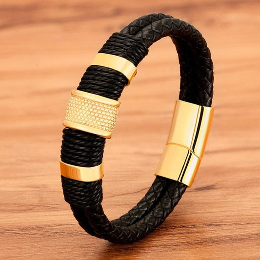 Omni Leder Seilarmband - Klassisches Edelstahl Doppelschicht Herrenarmband mit besonderem Design