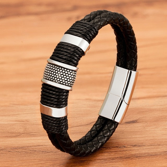 Omni Leder Seilarmband - Klassisches Edelstahl Doppelschicht Herrenarmband mit besonderem Design