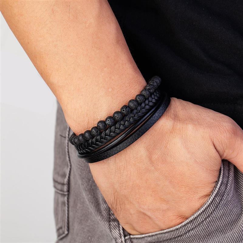 Vulkanstein Herren Lederarmband - Magnetverschluss aus Edelstahl