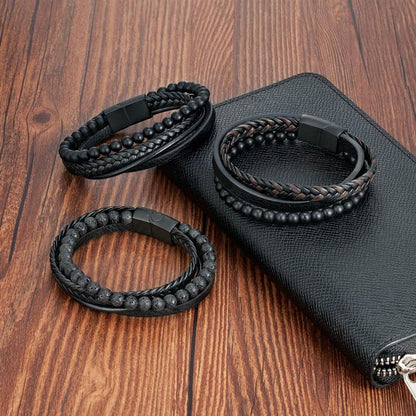 Vulkanstein Herren Lederarmband - Magnetverschluss aus Edelstahl