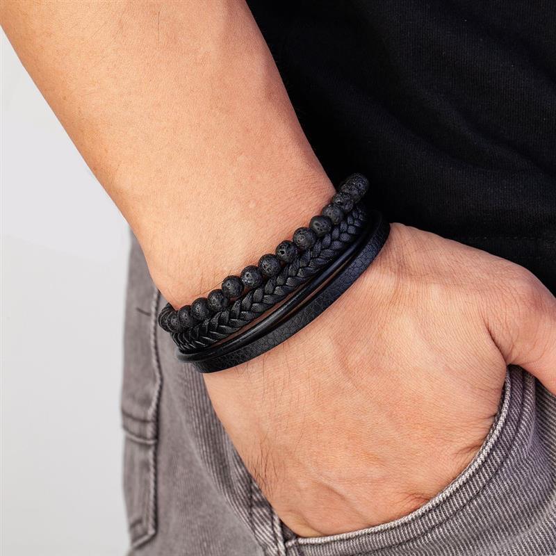 Vulkanstein Herren Lederarmband - Magnetverschluss aus Edelstahl
